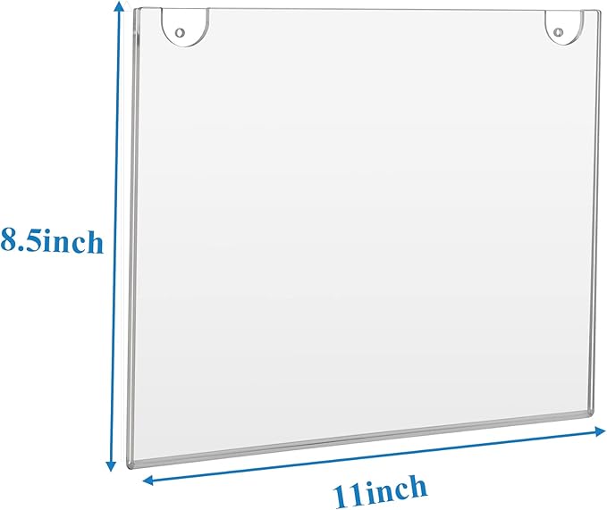 PecMuikee Acrylic Sign Holder 8.5x11 Horizontal, Wall Mount Acrylic Sign Holder and Plastic Paper Display Ad Frame bonus with 3M Tape and Mounting Screws for Restaurants, Office, Market, Store, 2 Pcs