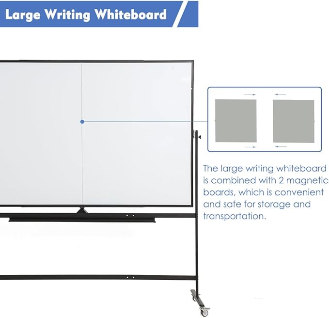 Large Magnetic Mobile Whiteboard 96"x48", Rolling Double Sided Stand Whiteboard on Wheels, Reversible Adjustable Height/Angle Dry Erase Board 8' x 4' Easel White Board for Office Classroom, Black