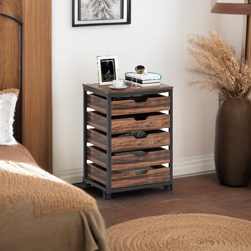 Tribesigns 5 Drawer Chest, Wood Storage Dresser Cabinet with Wheels, Industrial Storage Drawer Organizer Cart for Office Bedroom Entryway (Rustic Brown, 1 PC)