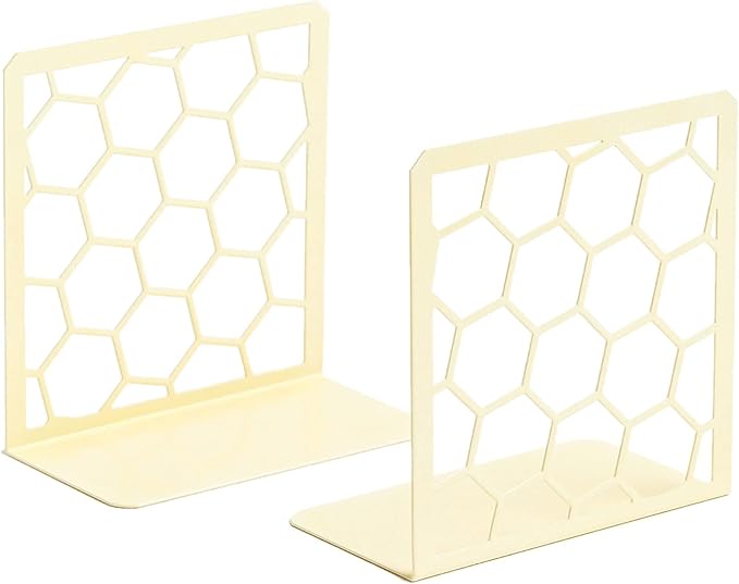 GEOMOD Geometric Honeycomb Yellow Metal Bookends Decorative - Tall Sturdy Book Ends for Shelves - Modern Heavy Duty Bookend Stopper - Office or Home Book Shelf - 6x3.25x6.25 Inches - 1 Pair