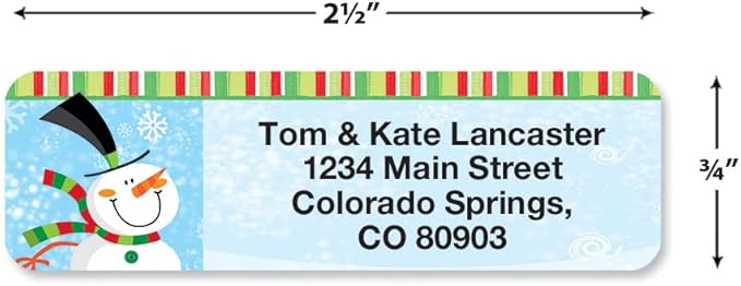 Happy Snowman Holiday Rolled Personalized Return Address Mailing Labels with Dispenser, Set of 250, 5 Designs, Small ¾ x 2½ Inch Size, Custom Self-Adhesive Sticker Roll, by Colorful Images
