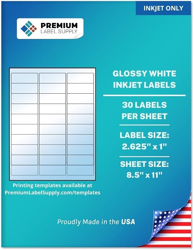 Premium Label Supply Glossy White Address Sticker Labels – 2.625" x 1" – (30 per Sheet) (Glossy White for Inkjet Only, 3,000 Labels)