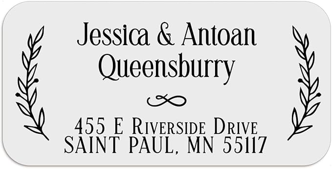 150 Personalized Return Address Labels with Laurel Design, Clear or White Custom Printed Address Stickers with Names & Address – Black, Gold, Rose Gold, Silver Text