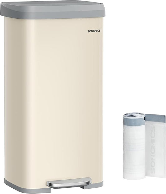 SONGMICS Kitchen Trash Can, 18-Gallon Stainless Steel Garbage Can, with Stay-Open Lid and Step-on Pedal, Soft Closure, Tall, Large and Space-Saving, Sand Beige and Dove Gray ULTB520A01
