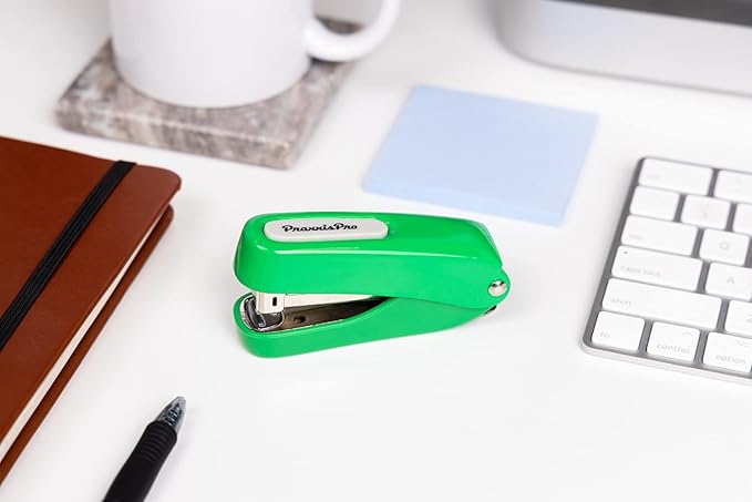 Praxxis Pro Office Supplies - Aria-Plus Half-Strip Mini Stapler - Durable, Compact, and Colorful Stapler for Office and Travel Use, Compatible with Standard 26/6 Staples, Green