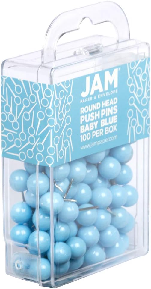 JAM PAPER Colorful Push Pins - Round Head Map Thumb Tacks - Baby Blue Pushpins - 100/Pack