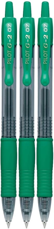 G2 Retractable Premium Gel Ink Roller Ball Pens Fine Point Fine Point (.7mm) Green Ink 3-pk; Refillable & Premium Comfort Grip Bundle with Plastic Reusable Pouch