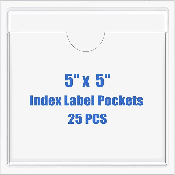 Origin-Joy 25 PCS Self-Adhesive Index Label Pockets, Clear Plastic Peel & Stick Card Holders with Top Open for Loading (5 x 5 inch)