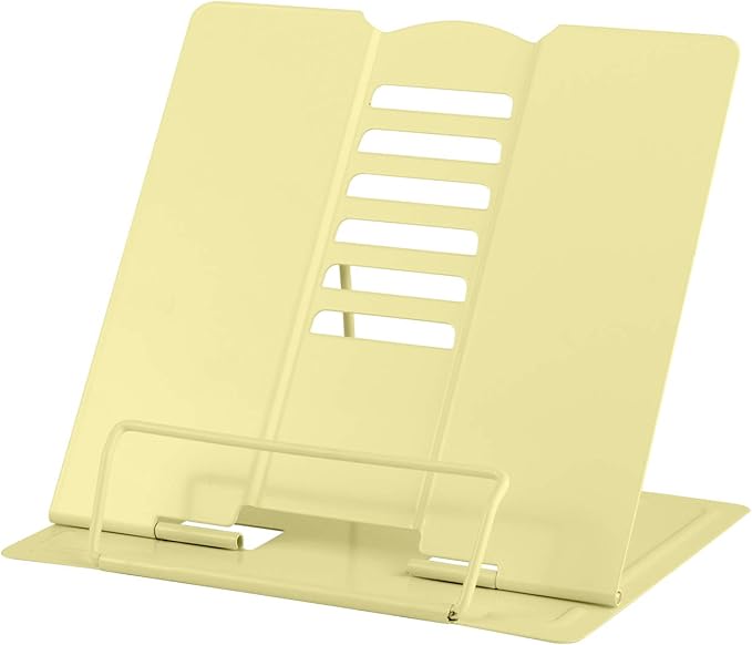 MSDADA Desk Book Stand Metal Reading Rest Book Holder Adjustable Cookbook Documents Holder Portable Sturdy Bookstands for Recipes Textbooks Tablet Music Books with Page Clips (Light Yellow)