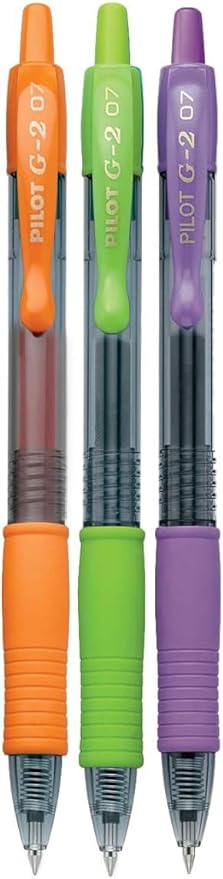 G2 Retractable Premium Gel Ink Roller Ball Pens Fine Point Fine Point (.7mm) Orange/Lime/Purple Ink 3-pk; Refillable & Premium Comfort Grip Bundle with Plastic Reusable Pouch