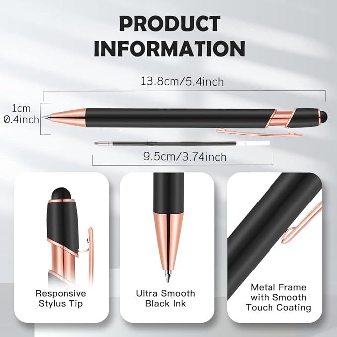 12 PCS 2 in 1 Stylus Ballpoint Pen with Stylus Tip, 1.0 mm Black Ink Metal Pen Stylus Pen for Touch Screens (Rose Gold & Gray)