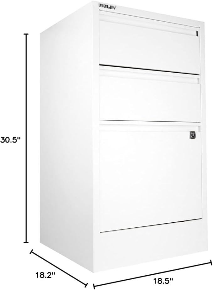 Bisley 3-Drawer Flush Front Vertical File Cabinet - Traffic White, 2 Utility Drawers + 1 Hanging File Drawer, Powder-Coated Steel, Locking Bottom Drawer
