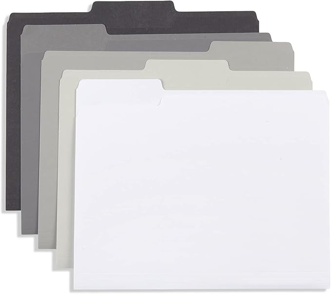 Blue Summit Supplies 100 Grayscale File Folders, Letter Size, 1/3 Cut Tab, Modern Gray, Black, and White Folder Assortment, Great for Organizing and Easy File Storage, 100 Per Box