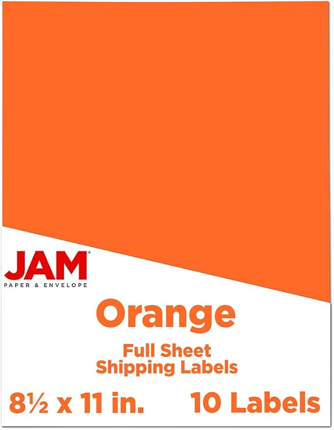 JAM PAPER Full Sheet Shipping Labels - Printable Sticker Paper - 8 1/2 x 11 - Orange - 10 Full Pages/Pack