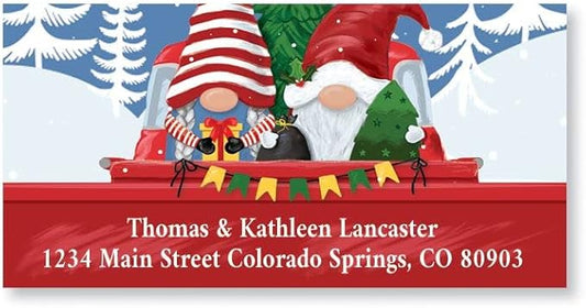 Gnomes in a Red Truck Christmas Address Labels- Set of 144, Personalized Holiday Return Labels, 1-1/8" x 2-1/4" Self-Adhesive, Flat-Sheet Labels, by Colorful Images