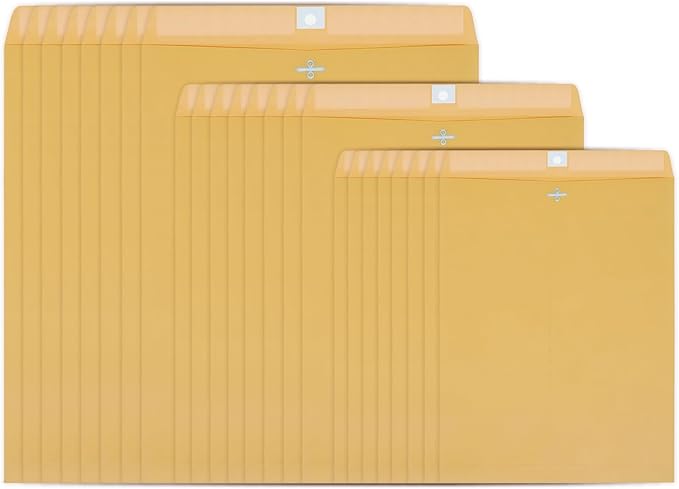3 Sizes Clasp Envelopes Security Mailing Envelopes with Metal Clasps Kraft Paper Envelopes for Office, School, Home, Shipping Documents, Photos, Mailers (24 Packs)