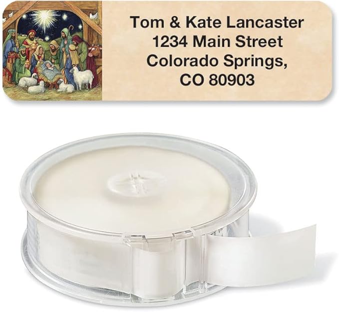 Nativity Christmas Rolled Personalized Return Address Mailing Labels with Dispenser, Set of 250, Small ¾ x 2½ Inch Size, Custom Self-Adhesive Sticker Roll, by Colorful Images