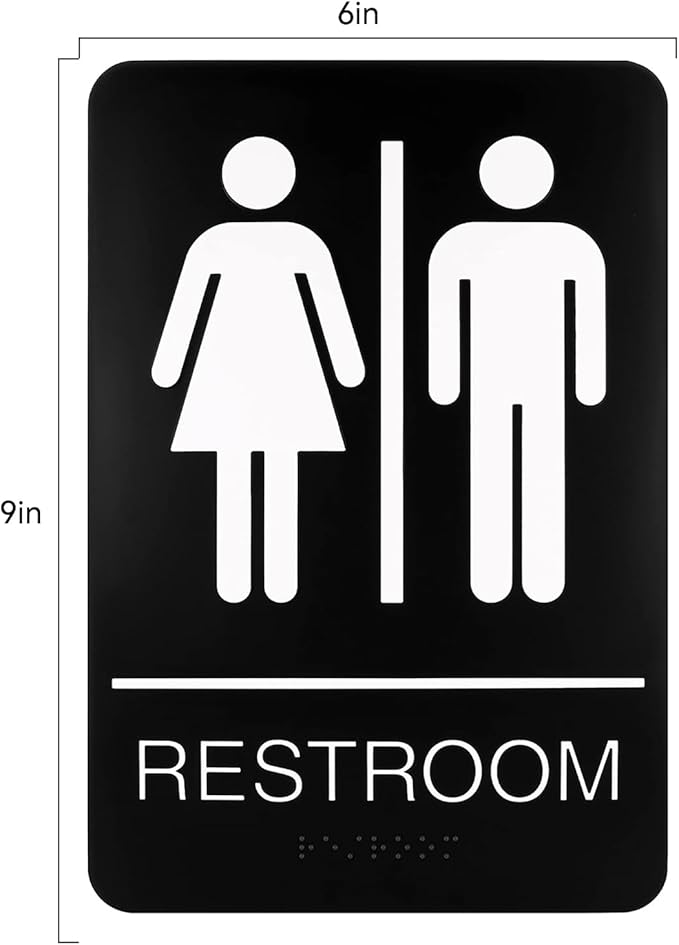 Self-Adhesive Business Restroom Sign, ADA Compliant Braille Unisex Bathroom Sign, Size: 9" X 6" (Unisex)
