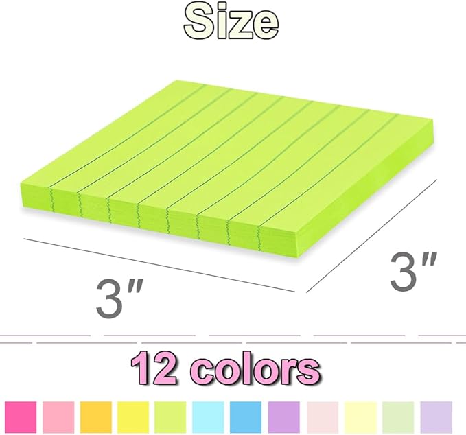 (72 Pads) Lined Sticky Notes 3x3 in Ruled Stickies Super Sticking Power Memo Pads Bright Colors