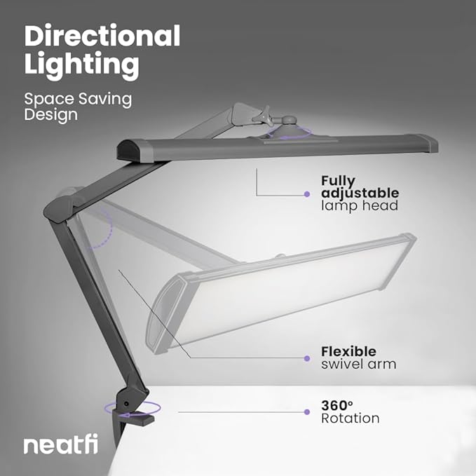 Neatfi Ultra 3,500 Lumen LED Desk Lamp, 45W, 26-Inch Wide Metal Shade, 270 SMD LEDs (Non-CCT with Clamp, Silver)