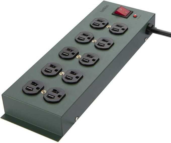 Belkin Power Strip Surge Protector - 10 AC Outlets, 15ft Heavy Duty Metal Extension Cord with Wall Mount Holes for Home, Office, Travel, Computer Desktop, Laptop & Phone Charging Brick