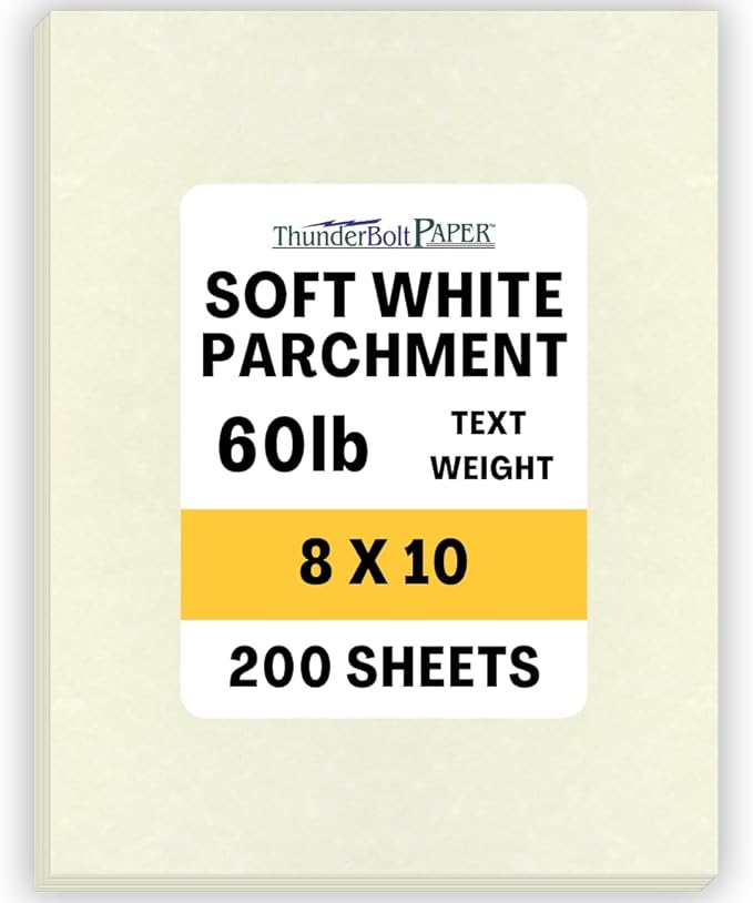 200 Soft White Parchment 60# Text (=24# Bond) Paper Sheets - 8 X 10 Inches Frame and Photo Size Size - 60 Pound is Not Card Weight - Vintage Colored Old Parchment Semblance
