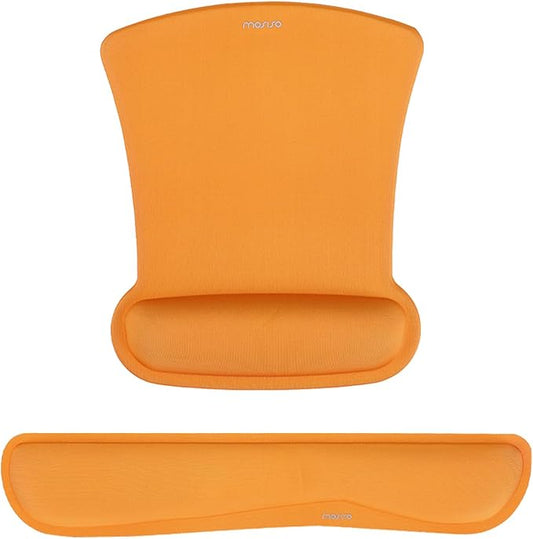 MOSISO Wrist Rest Support for Mouse Pad & Keyboard Set, Ergonomic Mousepad Non-Slip Base Home/Office Pain Relief & Easy Typing Cushion with Neoprene Cloth & Raised Memory Foam, Orange