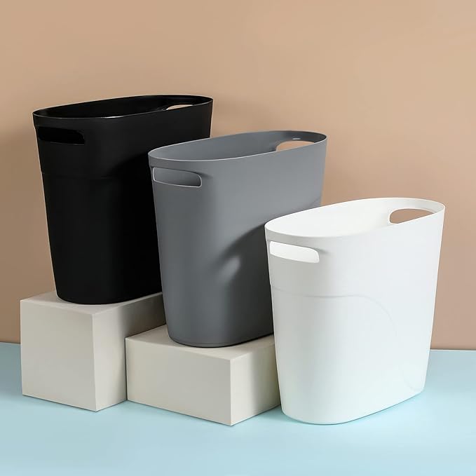 Plastic Small Trash Can Slim Waste Basket with Handles 3.2 Gallon Narrow Garbage Container Bin for Bathroom, Bedroom, Kitchen, Home Office Under Desk, Dorm, Laundry Room, Kids Room, Grey 2 Pack