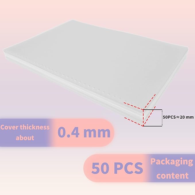 Rayson Pre-Punched PP Plastic Binding Cover, Frosted Finish, 32 Square Holes, Letter Size 8-1/2 × 11 Inches Matte Binding Cover - 50/Pack