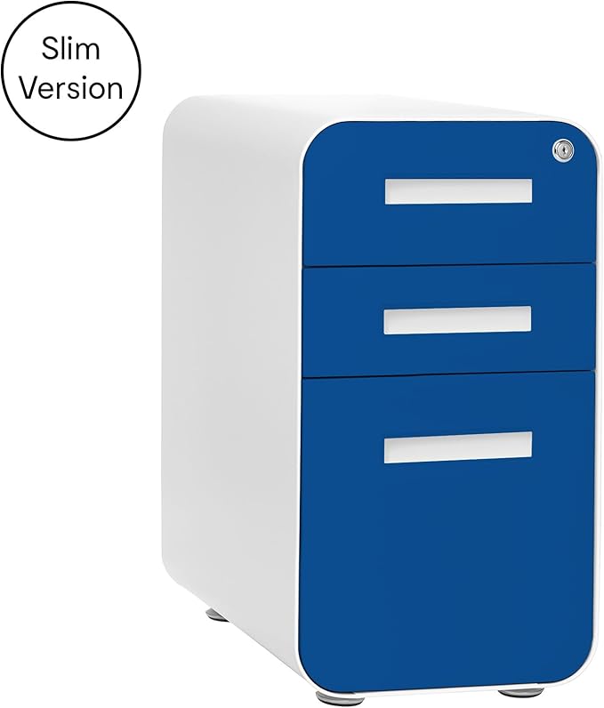 Laura Davidson Furniture Stockpile Slim 3-Drawer Mobile File Cabinet with Lock - Under Desk Metal Filing Cabinet, Legal/Letter File Folders, Wheels and Stationary Feet, Pre-Assembled, Blue Faceplate