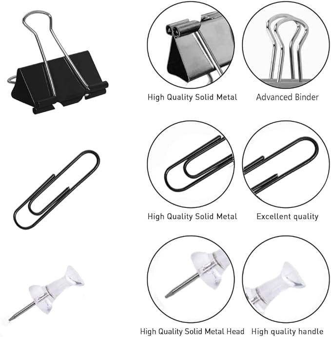Paper Clips and Binder Clips Set, Metal Assorted Sized Binders with Push Pins, Black Office Supplies for Desk, Durable Desk Accessories