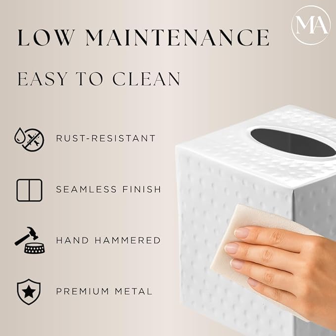 Monarch Abode Hand Hammered Tissue Box Cover Square, White Tissue Holder for Bathroom, Square Metal Dresser Accessories for Home, Decorative Tissue Box Holder, Classic White Handcrafted Tissue Cover