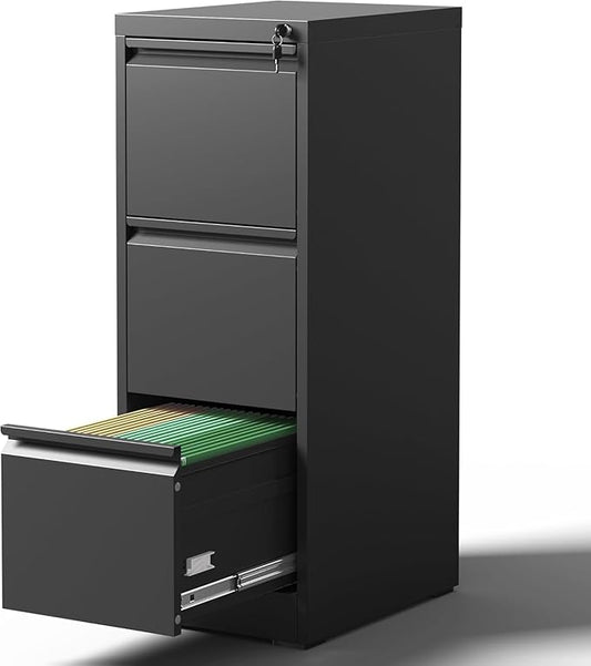 3 Drawer File Cabinet with Lock, Vertical Filing Cabinets for Home Office, Locking File Cabinet Hanging Files for A4/ Legal/Letter, Require Assembly, Black