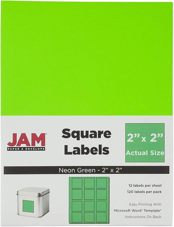 JAM PAPER Product & Container Labels - Square - 2 x 2 - Neon Green - 120/Pack