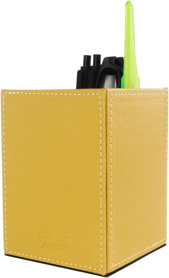 Pen Pencil Holder Cup Container PU Leather Desk Organizer Stand Decor Brush Scissor Holder Decoration Office Desk Home School (Yellow, 3.54" x 3.54" x 4.72")
