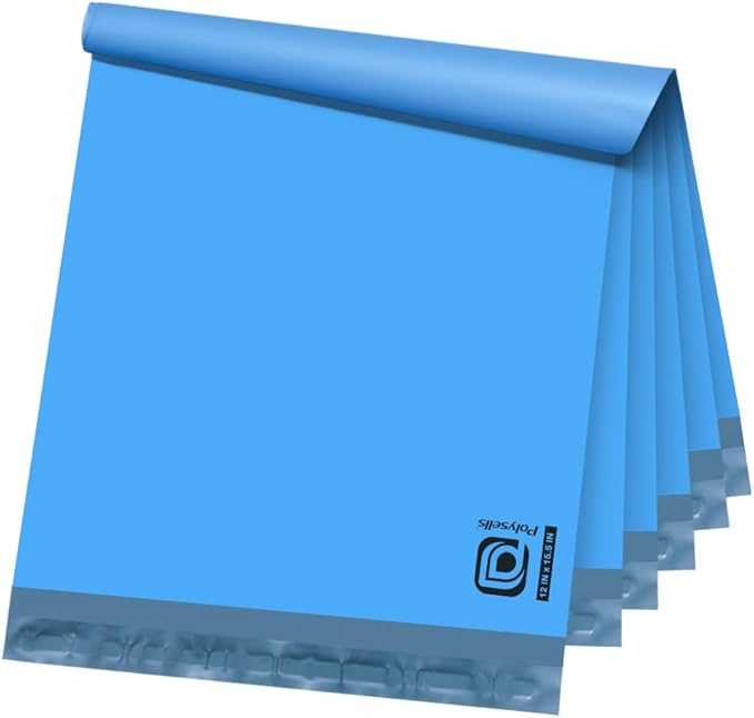 POLYSELLS 100 pcs 12x15.5 Inches Blue Poly Mailers Shipping Envelopes, Strong Adhesive Sealing, Waterproof, and Tear-resistant Postal Mailing Bags for Clothing, Books, and Accessories