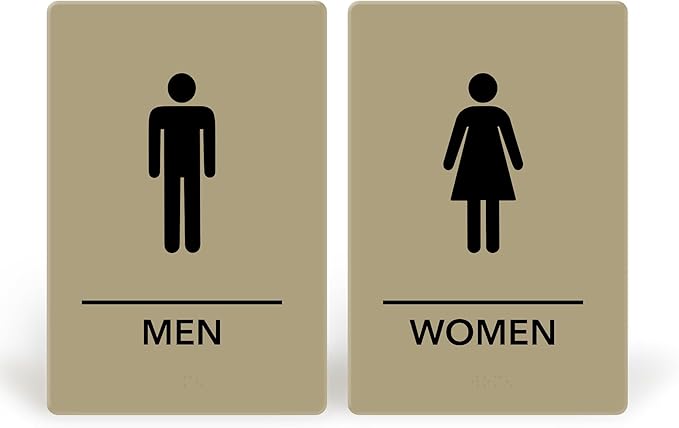 Promot Men and Women Restroom Sign – ADA Braille Bathroom Sign for Business, Self-Adhesive, 9" x 6", Commercial Door Signage, Office Wall Decor - Taupe