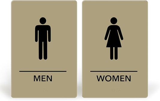 Promot Men and Women Restroom Sign – ADA Braille Bathroom Sign for Business, Self-Adhesive, 9" x 6", Commercial Door Signage, Office Wall Decor - Taupe