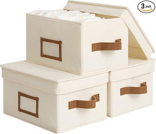 StorageWorks Storage Bins with Lids, Decorative Storage Boxes with Lid and PU Handles, Foldable Storage Baskets for Closet, Shelves, Stackable, Ivory White, Medium, 3-Pack