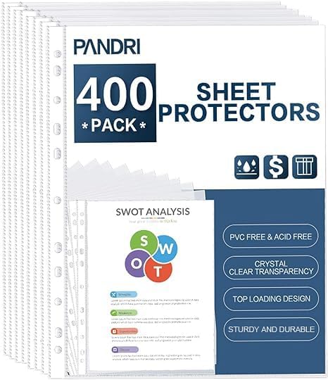 Sheet Protectors, PANDRI 400 Pack Clear Heavy Duty Plastic Page Protectors Sheet Reinforced 11-Hole Fit for 3 Ring Binder Fits Standard 8.5 x 11 Paper, 9.25 x 11.25 Top Loaded, Excluding Acid