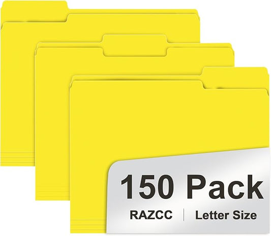 File Folder, RAZCC 150 Pack 1/3 Cut Tab File Folders Letter Size, Yellow, Folders with Tab, Great for Organizing and Easy File Storage