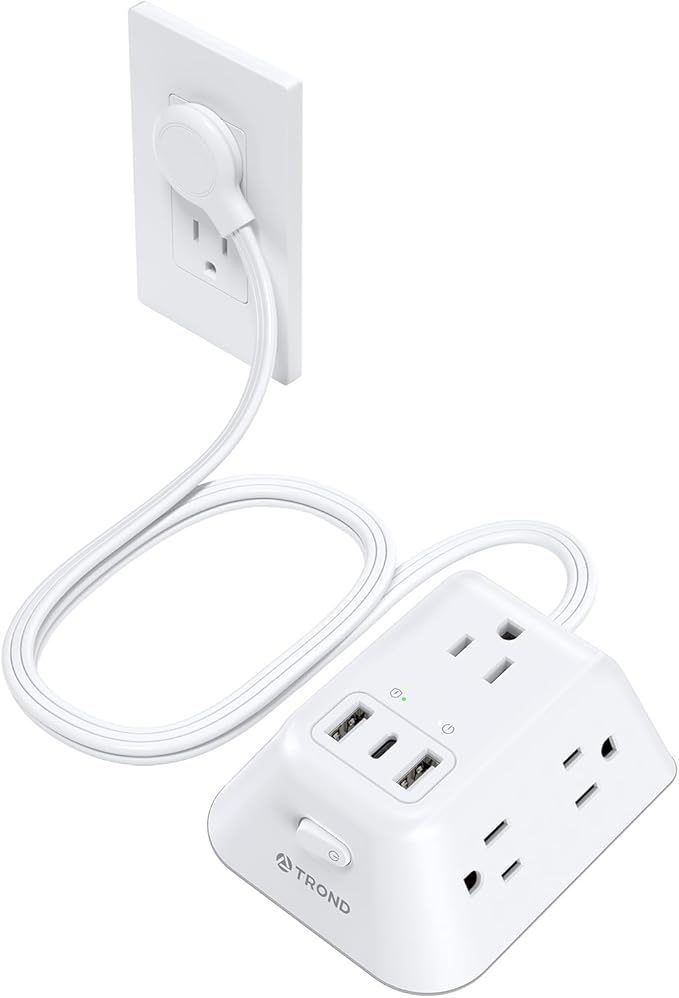 TROND Flat Plug Power Strip Surge Protector, 5FT Ultra Thin Extension Cord, 5 AC Outlets and 3 USB Ports, Wall Mountable, Compact Design for Home Office and Dorm Room Essentials