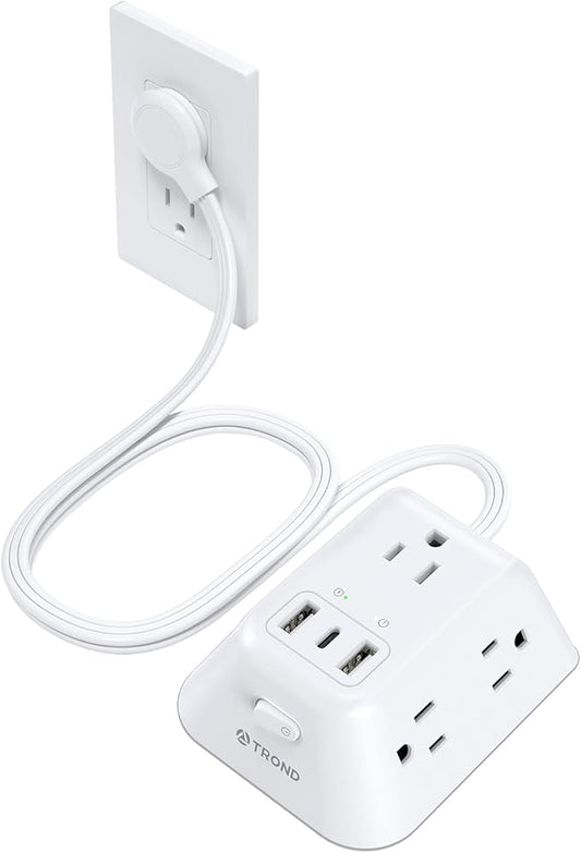 TROND Flat Plug Power Strip Surge Protector, 5FT Ultra Thin Extension Cord, 5 AC Outlets and 3 USB Ports, Wall Mountable, Compact Design for Home Office and Dorm Room Essentials