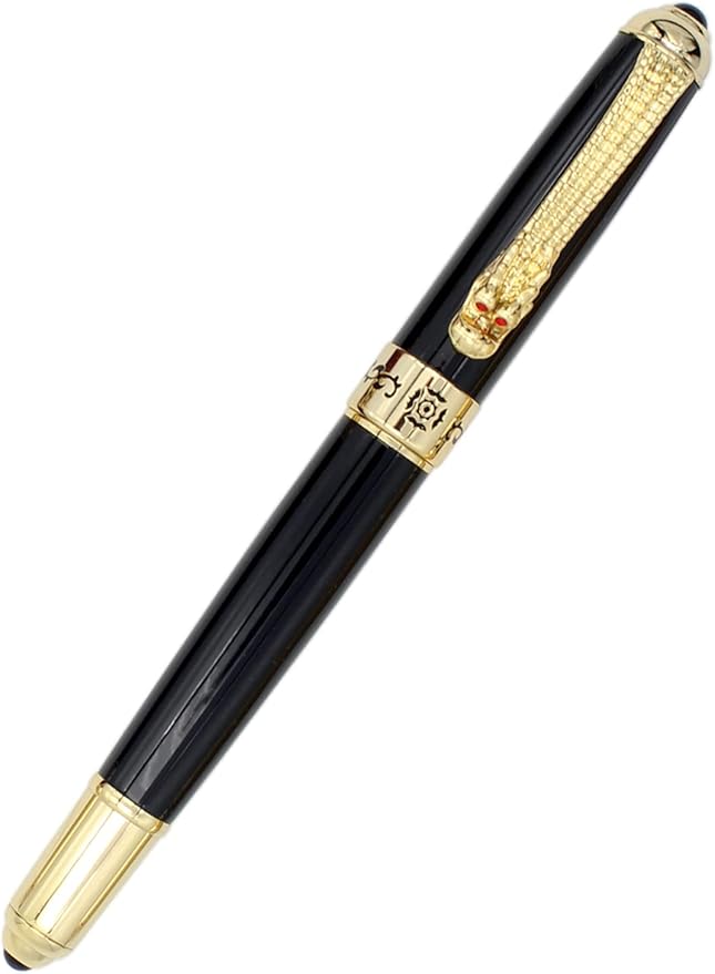 Gullor Fountain Pen with Ink Converter, Golden Dragon Clip, Executive Pen for Smooth Writing, Fine Nib, Black