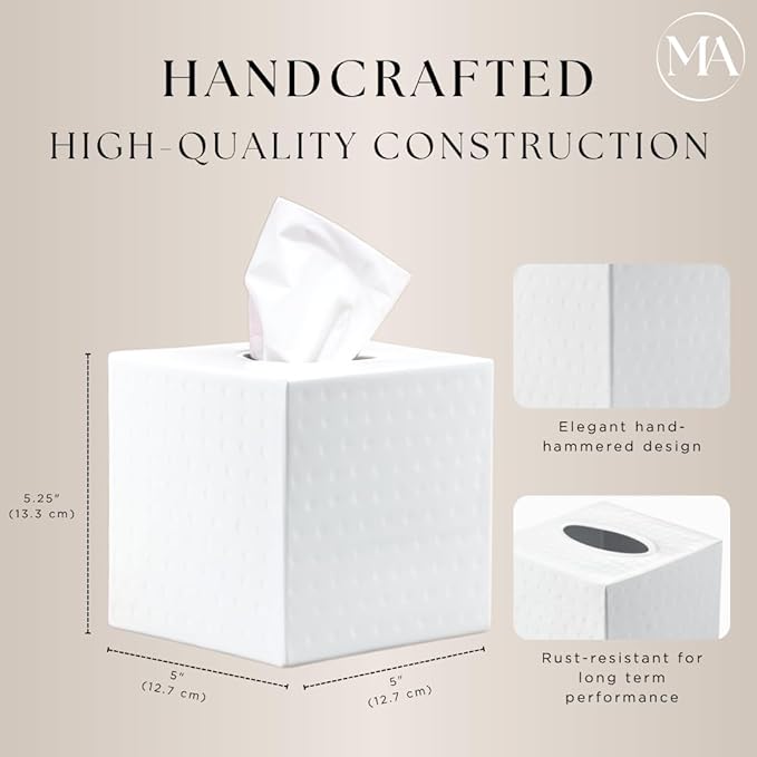 Monarch Abode Hand Hammered Tissue Box Cover Square, White Tissue Holder for Bathroom, Square Metal Dresser Accessories for Home, Decorative Tissue Box Holder, Classic White Handcrafted Tissue Cover