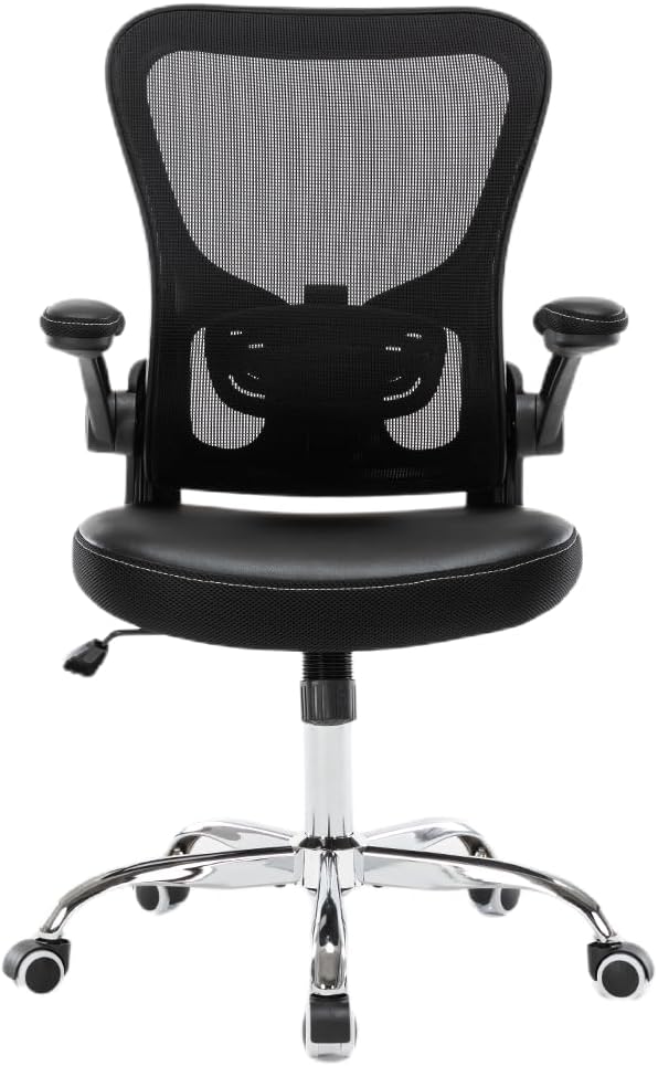 Office Chair, Mesh Ergonomic Desk Computer Chair with PU Leather Flip-up Armrest, Home Task Chair with Lumbar Support, Adjustable Executive Mid Back, Rolling Swivel,Black
