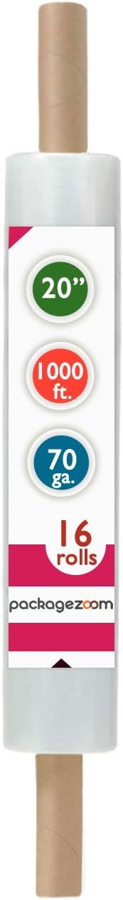 PackageZoom 20 inch x 1000 Feet Stretch Wrap Extended Core Handle, Clear Stretch Film, 16 Rolls