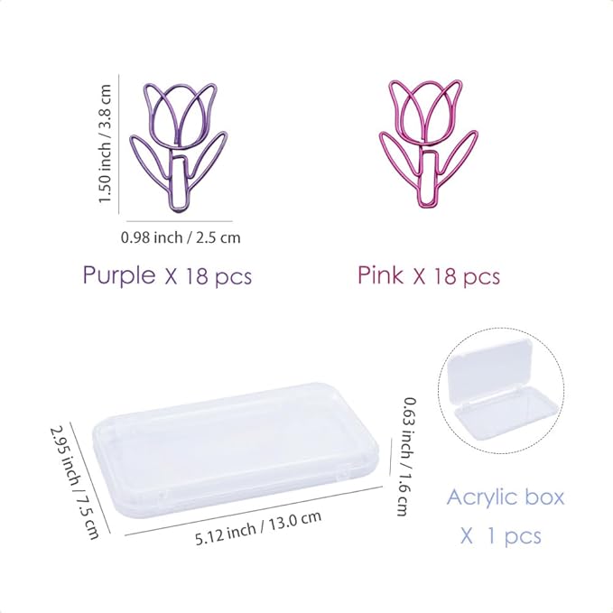 OWLFAVO 36pcs Tulip Flower Shape Paper Clips with Clear Box, Pink and Purple, Funny Cute Paperclips Bookmarks Planner Clips for Fun Office Supplies School Gifts Wedding Decoration
