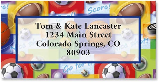 Sports Balls Border Personalized Return Address Labels- Set of 144 1-1/8" x 2-1/4" Self-Adhesive, Flat-Sheet Labels, by Colorful Images