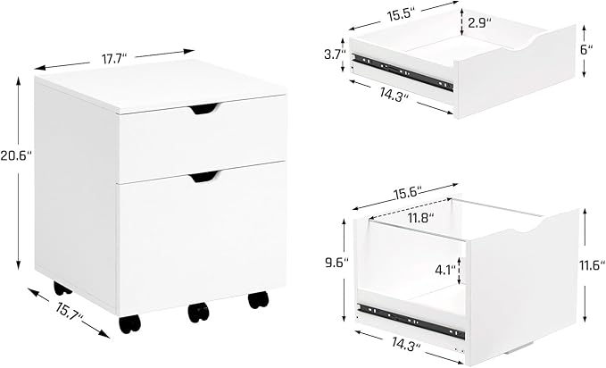 HollyHOME 2-Drawer Wood File Cabinet, Under Desk Cabinet for Home Office, Rolling Storage Shelf for Home, Printer Stand, for A4, Letter-Size, 11.8in Hanging File Folders, White